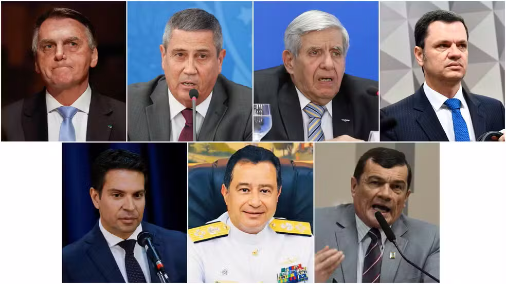 Montagem: Jair Bolsonaro, Walter Braga Netto, Augusto Heleno, Anderson Torres, Alexandre Ramagem, Almir Garnier Santos e Paulo Sérgio Nogueira — Foto: g1